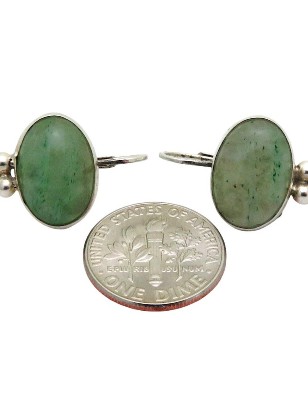 Vintage Sterling Silver Taxco Mexico Green Jade Cabochon Leverback Earrings